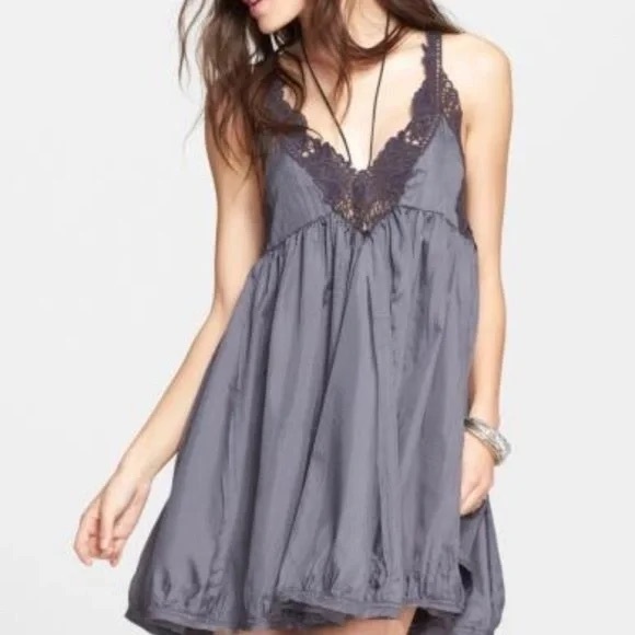 SOLD OUT ♥️ Free People Breathless Gray Crochet Strappy Back Babydoll Mini Dress - Picture 2 of 16